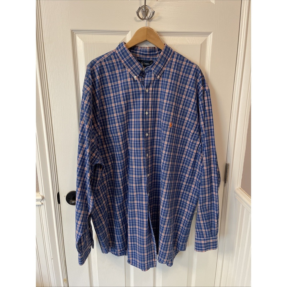 Ralph Lauren Button Down Shirt Men 3XLT Blue White Orange  Classic Fit Tall Pony